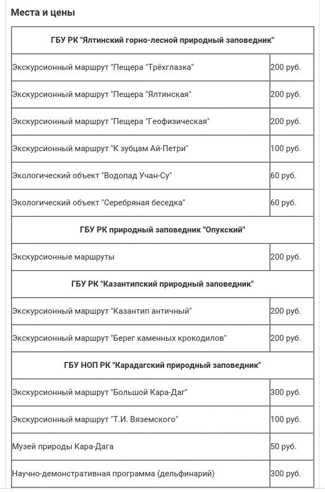 стоимость посещения заповедных мест в Крыму